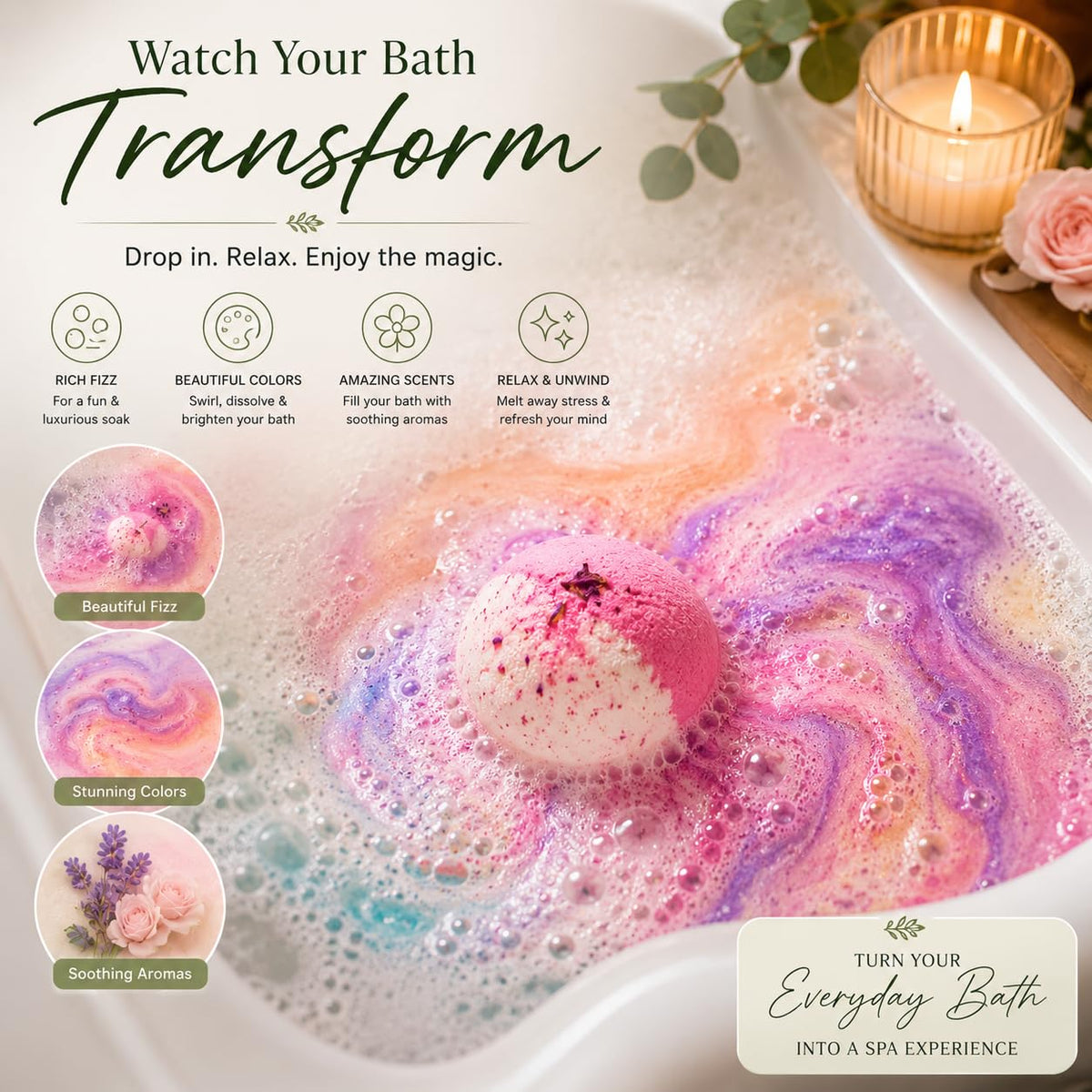 Romancy variety 12-pack bath bombs with different colors for daily self-care.