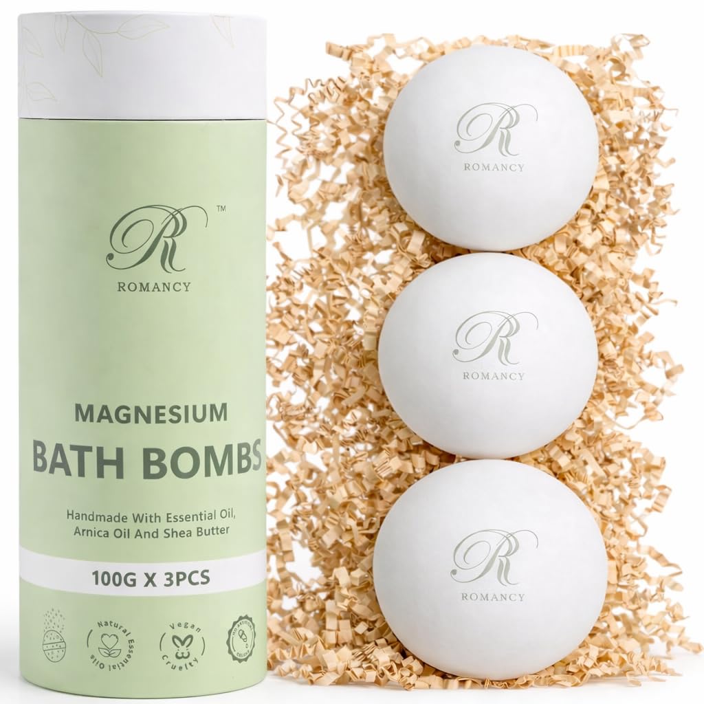 Romancy magnesium bath bombs packaging featuring lavender for a relaxing gift experience.