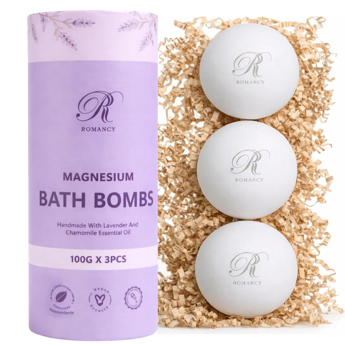 Romancy magnesium lavender bath bombs gift set front promotes soothing at-home spa prep
