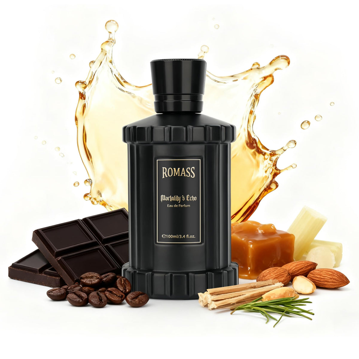 ROMASS Mortality’s Echo Luxe bottle front—bold black design for a luxurious, lasting impression.