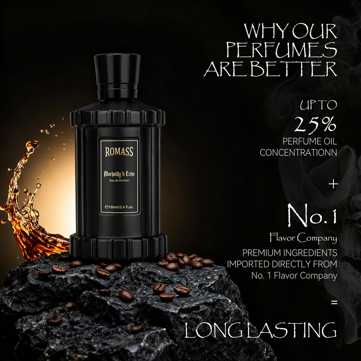 ROMASS bottle on wooden base evokes premium craftsmanship.