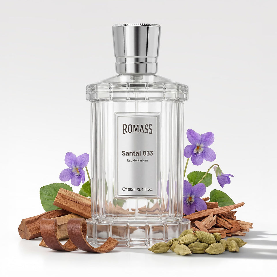 ROMASS Santal 033 bottle front view, sleek design for daily display.