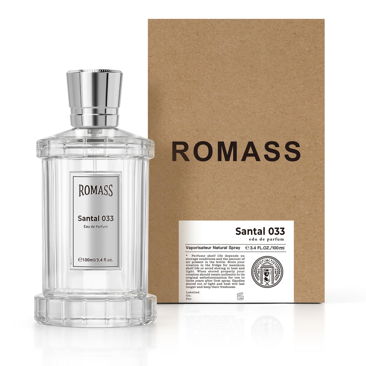 ROMASS Santal 033 bottle in ambient light, premium look for your shelf.