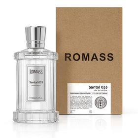 ROMASS Santal 033 bottle in ambient light, premium look for your shelf.