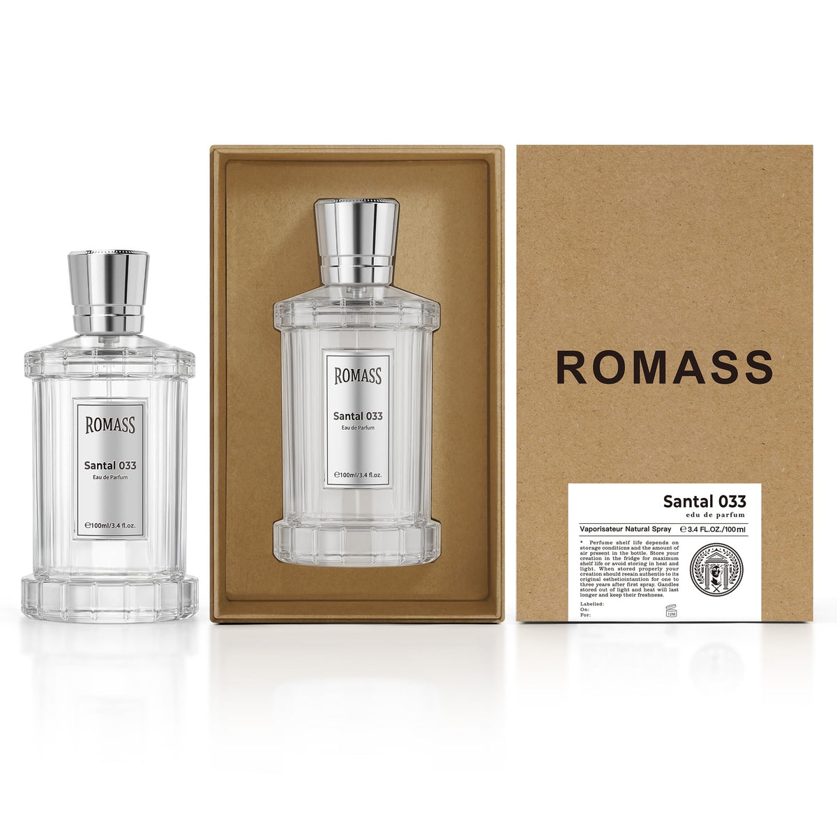 ROMASS Santal 033 spray action, fast mist for all-day wear.