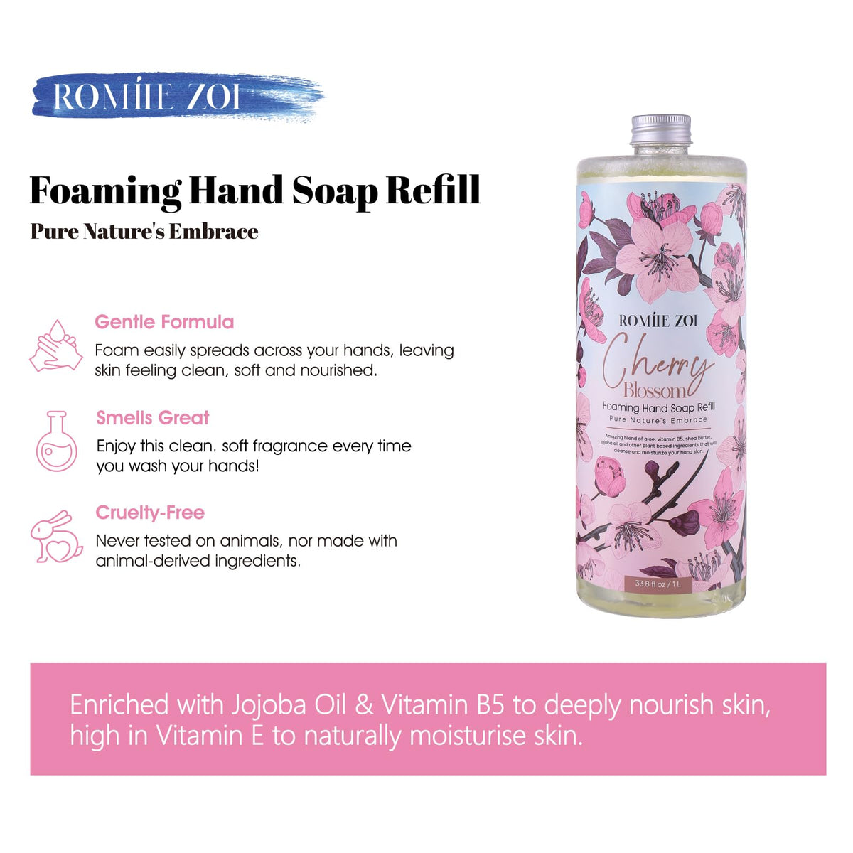 ROMIIE ZOI bathroom counter with dispenser promotes daily gentle cleansing.