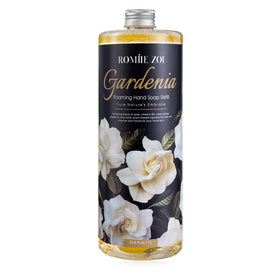 ROMIIE ZOI Gardenia foaming hand soap refill bottle on sink, fragrant and gentle cleansing.