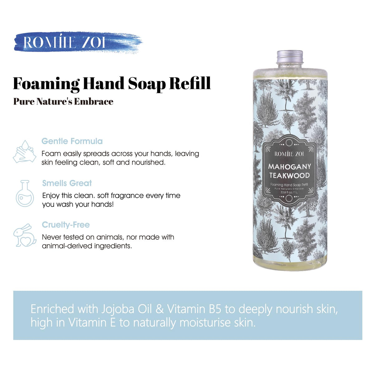 Teakwood refill bottle holding 1000 ml of ROMIIE ZOI soap