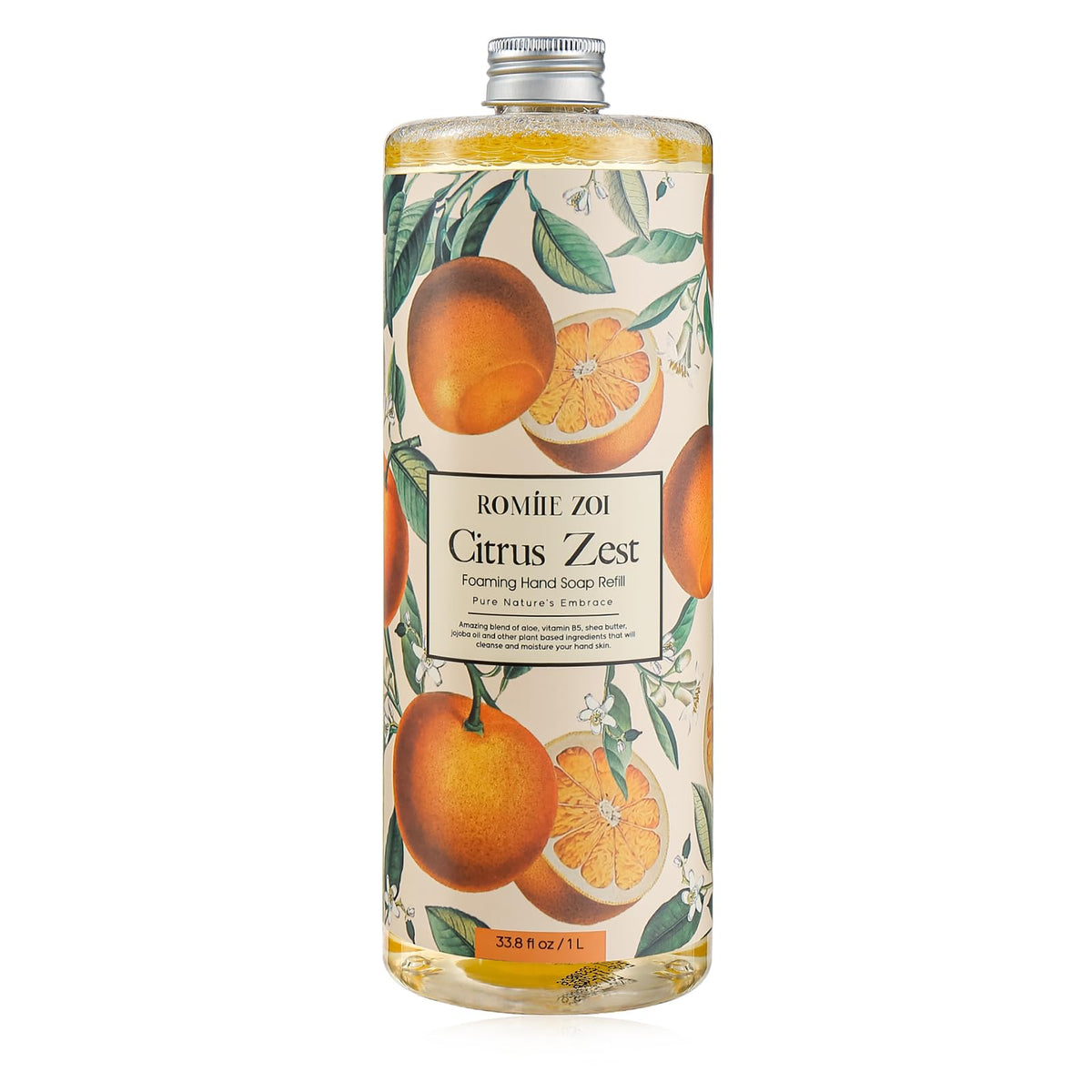 ROMIIE ZOI foaming hand soap citrus bottle highlights a refreshing scent and clean hands.