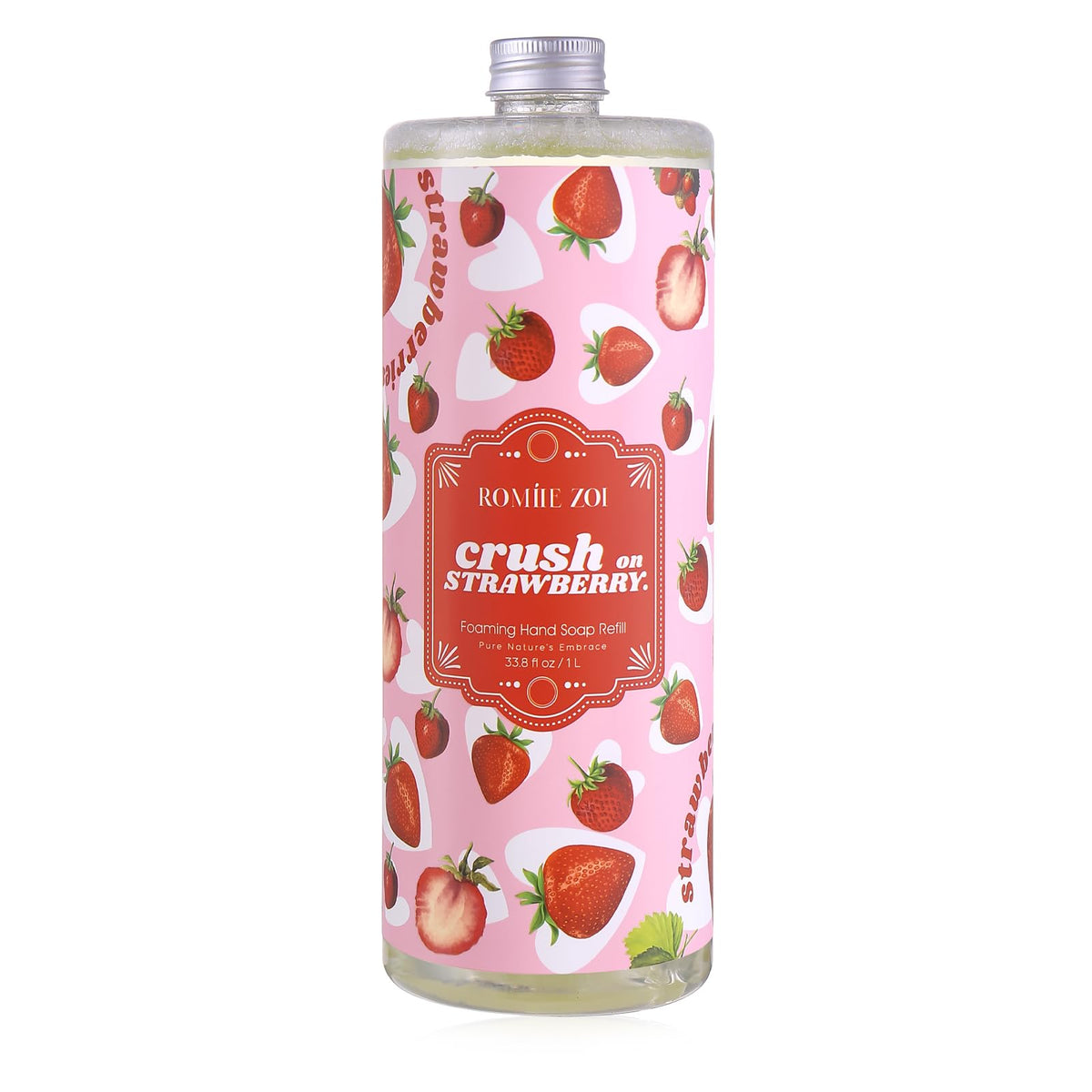 ROMIIE ZOI strawberry foaming soap refill label close-up highlighting gentle, plant-based formula