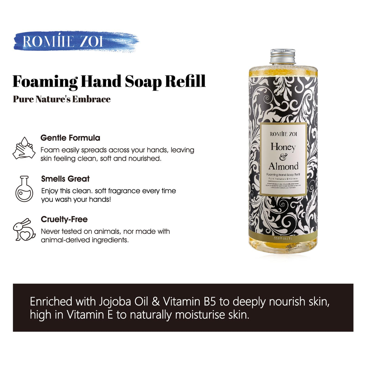 ROMIIE ZOI foaming hand soap refill close-up showing luxurious rich lather.