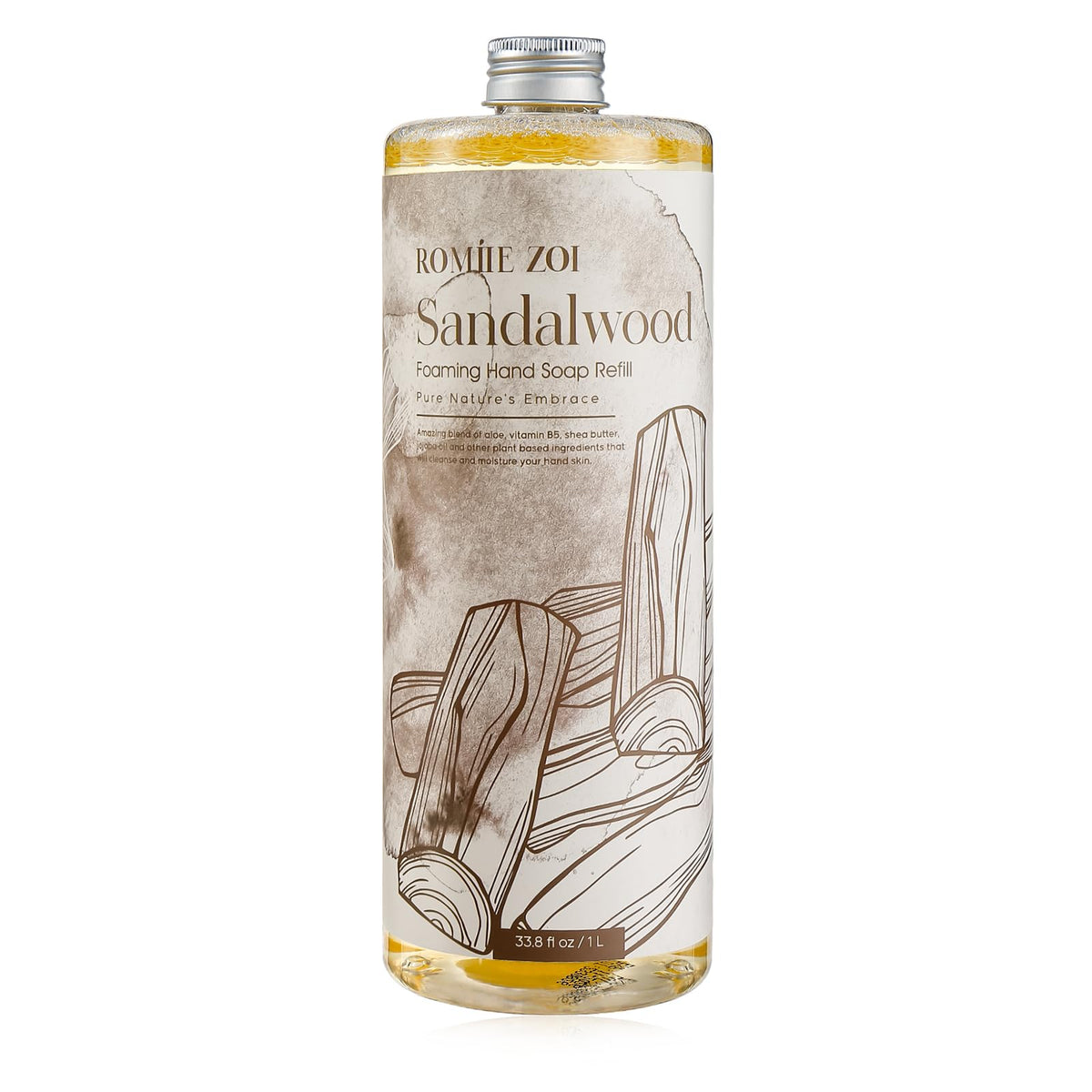 ROMIIE ZOI sandalwood foaming hand soap bottle pour for a luxurious daily wash.