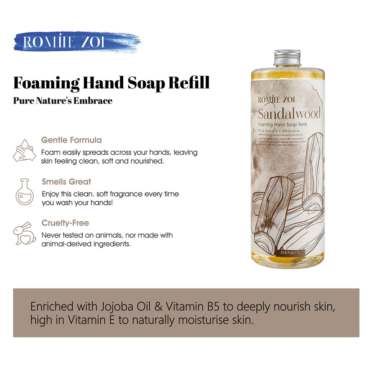 ROMIIE ZOI sandalwood foam shows rich lather and gentle cleansing.