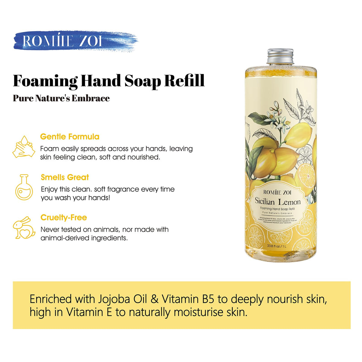 Close up of ROMIIE ZOI label showing lemon fragrance and gentle formula