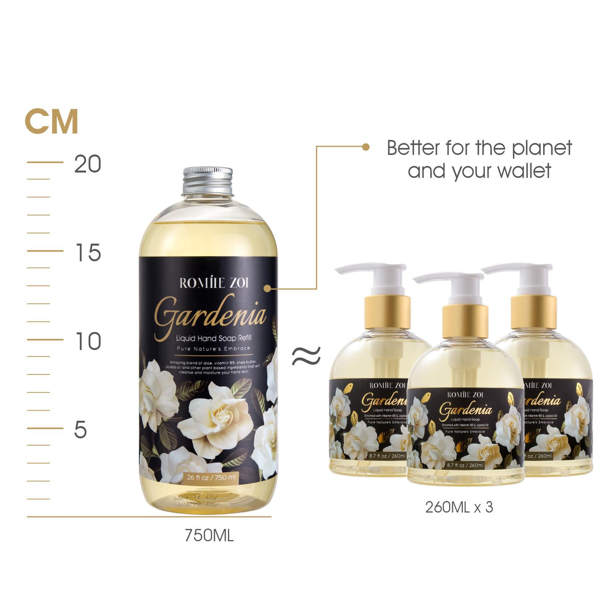 ROMIIE ZOI gardenia hand soap bottle front displaying large refill capacity