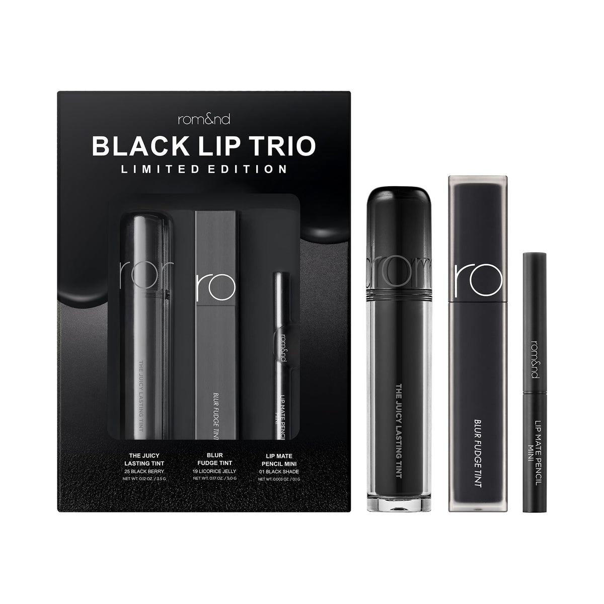 Rom&nd Black Lip Trio box front, great starter kit for bold looks.