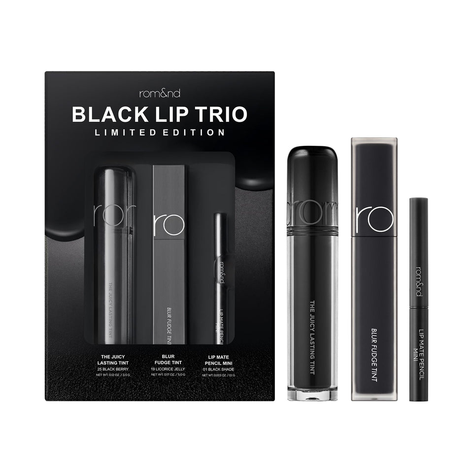 Rom&nd Black Lip Trio box front, great starter kit for bold looks.