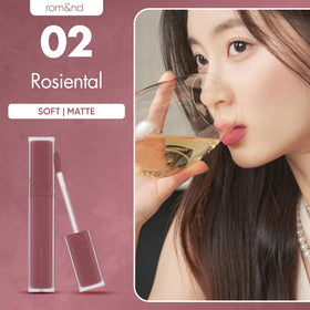 rom&nd Blur Fudge Lip Tint Rosiental bottle dispense close-up highlights creamy, weightless texture