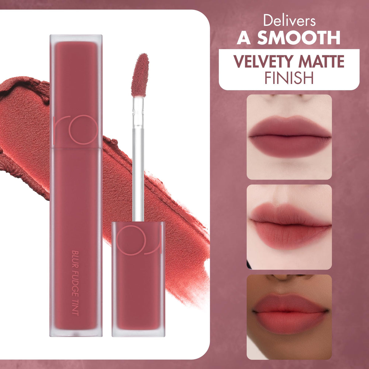 rom&nd Blur Fudge Lip Tint Rosiental on lips demonstrates non-drying, comfortable wear