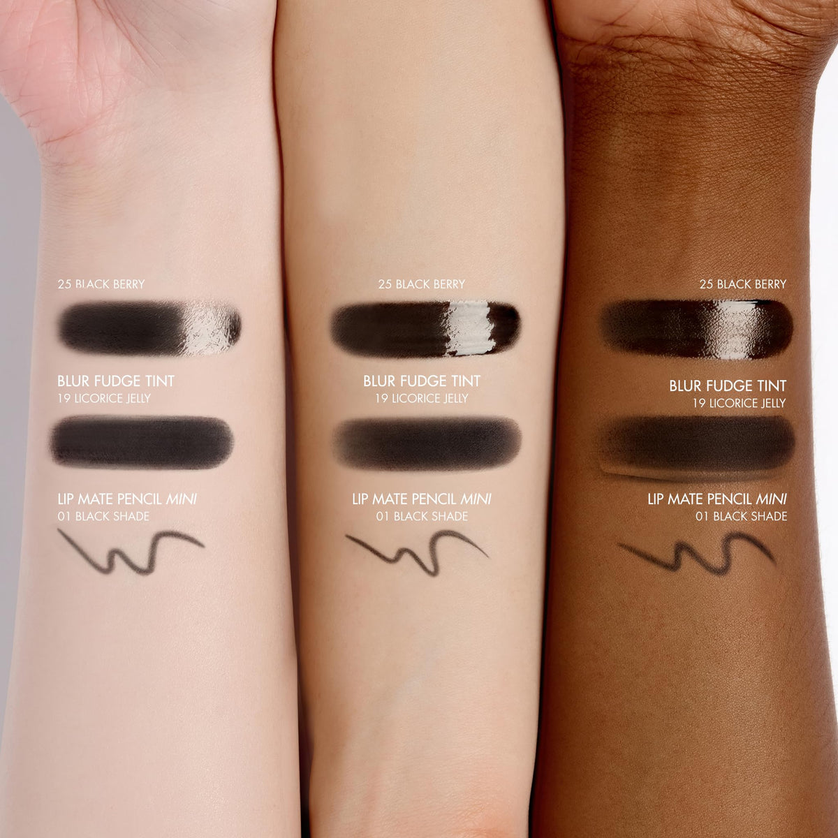 Rom&nd Blur Fudge Tint black swatch offers velvety matte texture.