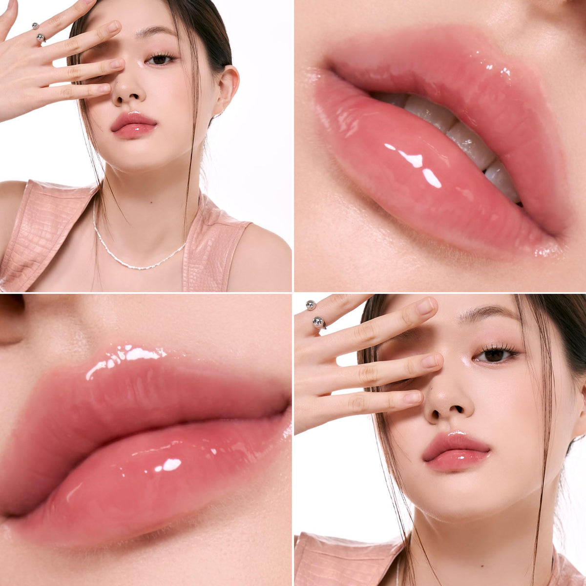rom&nd Glasting Color Gloss Rose Finch lip close-up demonstrates even application and smooth finish.