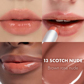 rom&nd Glasting Melting Balm 13 Scotch Nude closeup wand highlights creamy texture for effortless lip care.