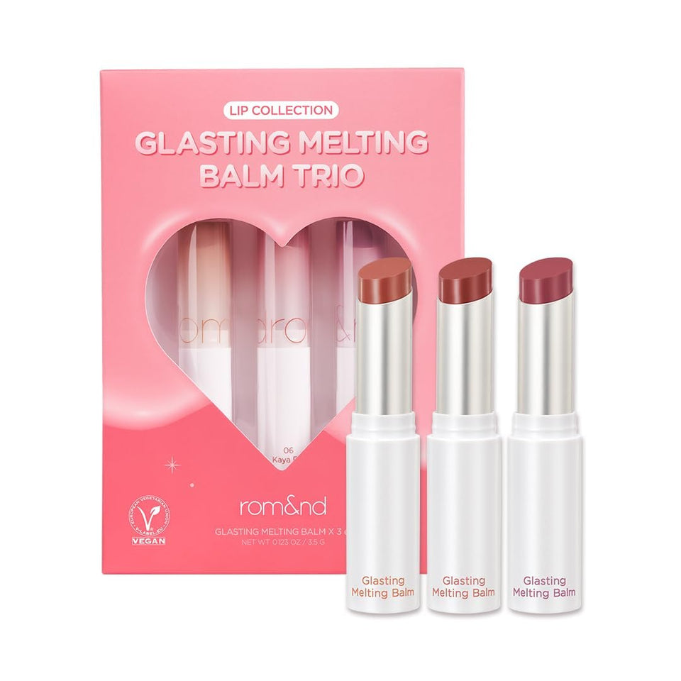 rom&nd Glasting Melting Balm Trio crystal shine lip look with dewy finish