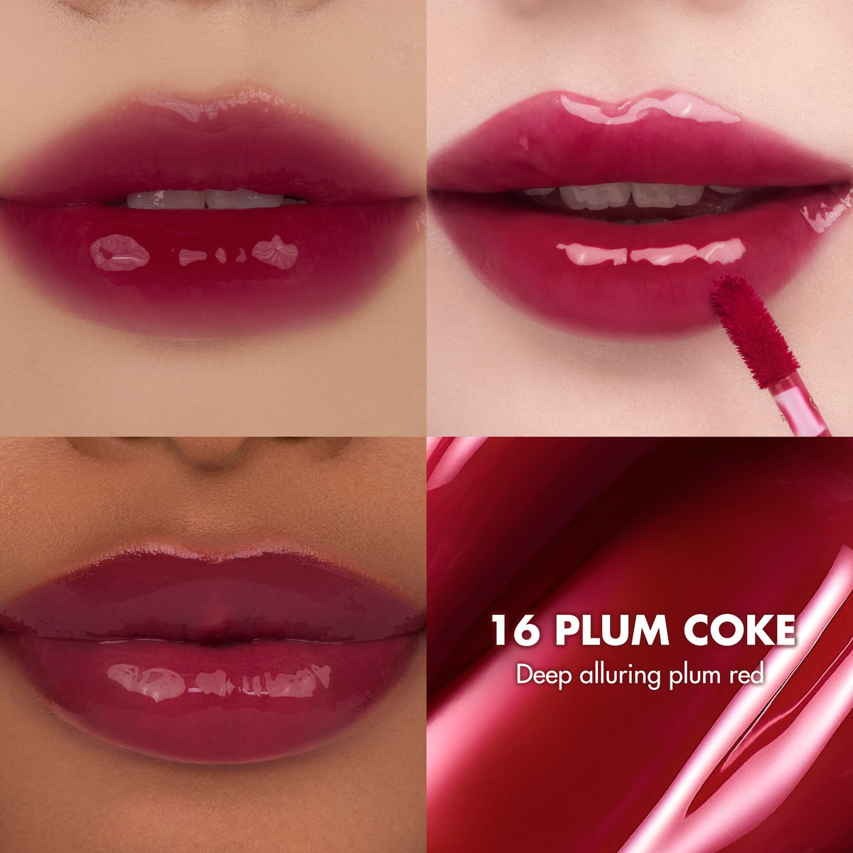 rom&nd The Juicy Lasting Tint 16 Plum Coke gloss brightens lips with candy-gloss shine.