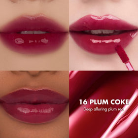 rom&nd The Juicy Lasting Tint 16 Plum Coke gloss brightens lips with candy-gloss shine.