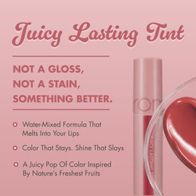 rom&nd Juicy Lasting Tint lip swatch on lips reveals MLBB color with glossy sheen