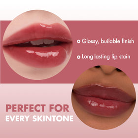 rom&nd Juicy Lasting Tint wearer smiling to show natural MLBB glow