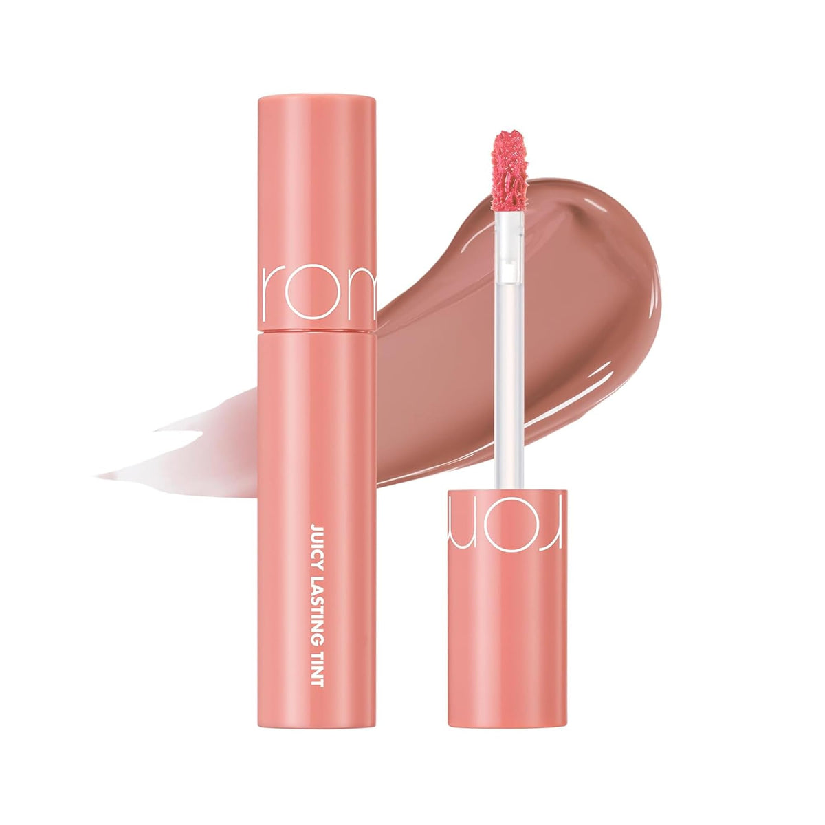 rom&nd Juicy Lasting Tint Peach Honey B bottle close-up with glossy nude shade for daily wear