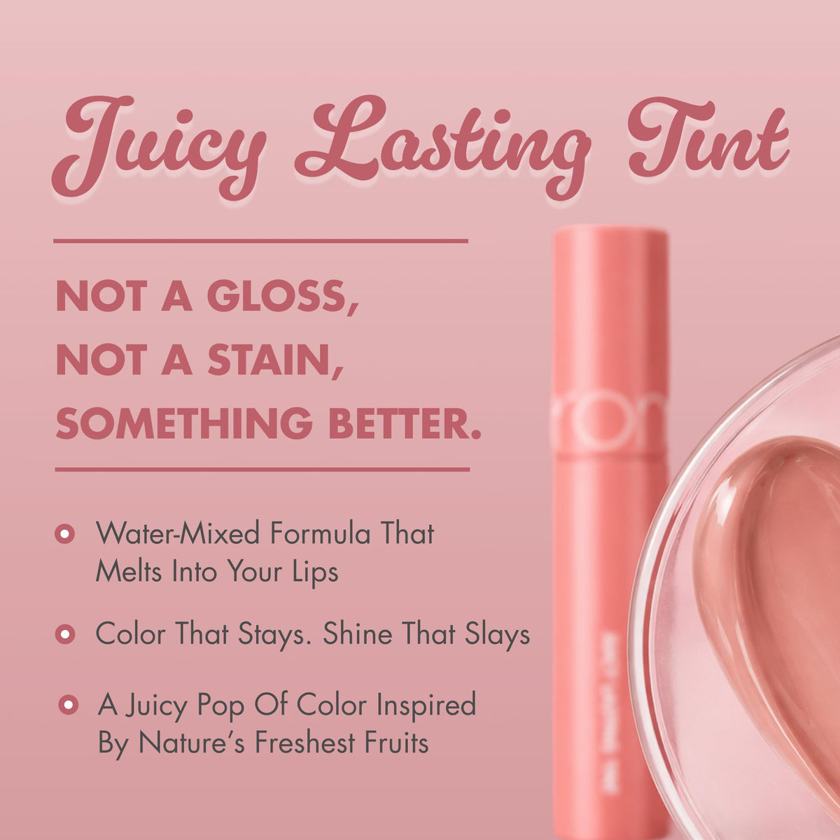 rom&nd Juicy Lasting Tint Peach Honey B swatch reveals vibrant pigment and natural glow