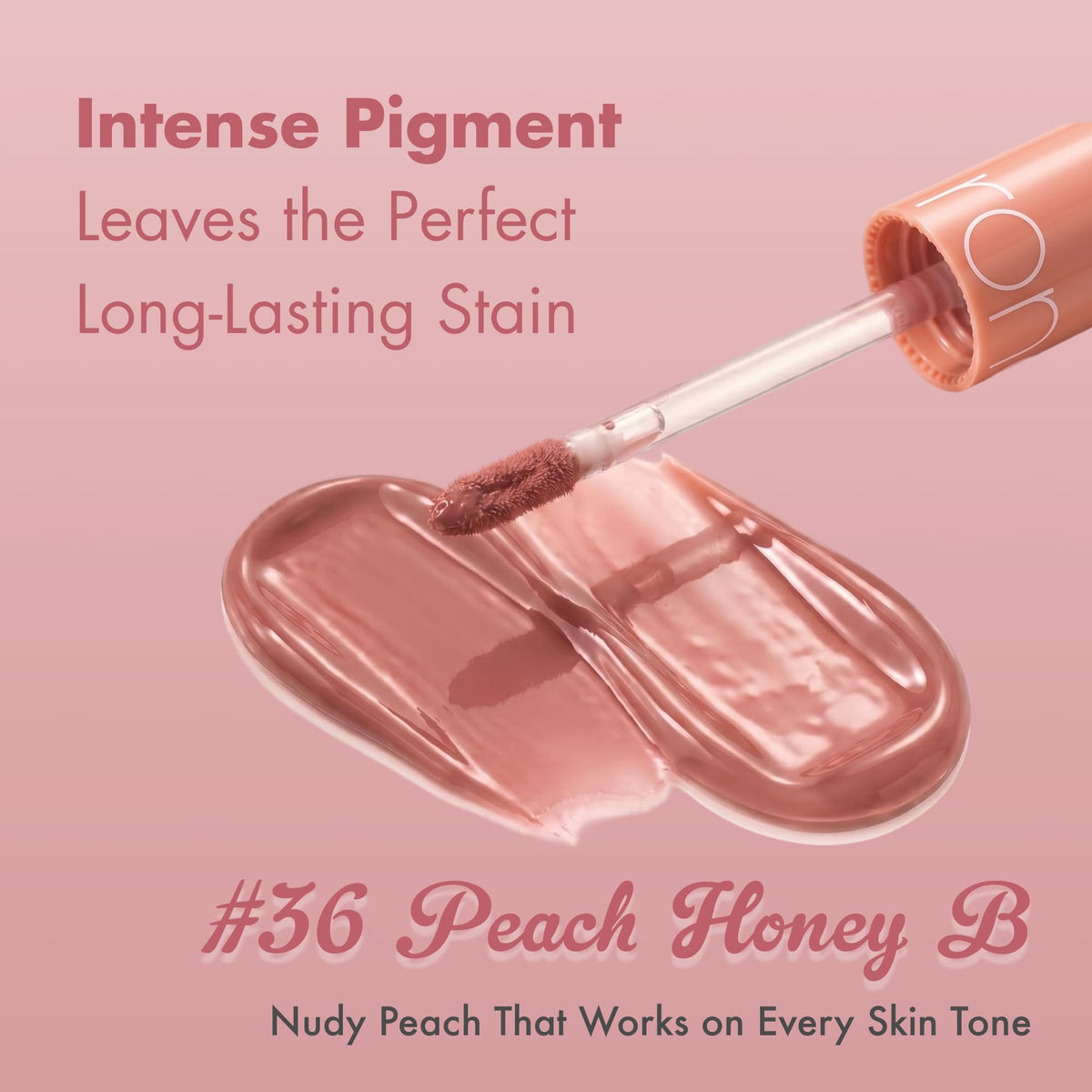 rom&nd Juicy Lasting Tint peach honey B texture close-up shows honey sheen