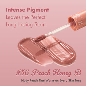 rom&nd Juicy Lasting Tint peach honey B texture close-up shows honey sheen