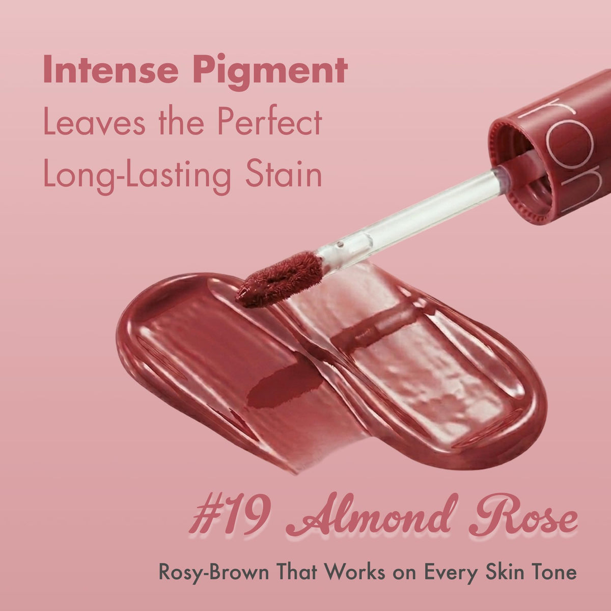 rom&nd Juicy Lasting Tint Almond Rose close-up highlights syrupy gloss