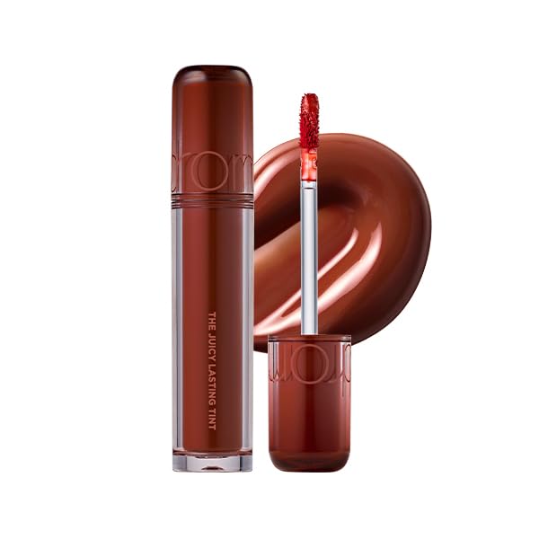 rom&nd Juicy Lasting Tint Dark Coconut bottle close-up showing deep red brick shade for daily wear.