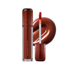 rom&nd Juicy Lasting Tint Dark Coconut bottle close-up showing deep red brick shade for daily wear.