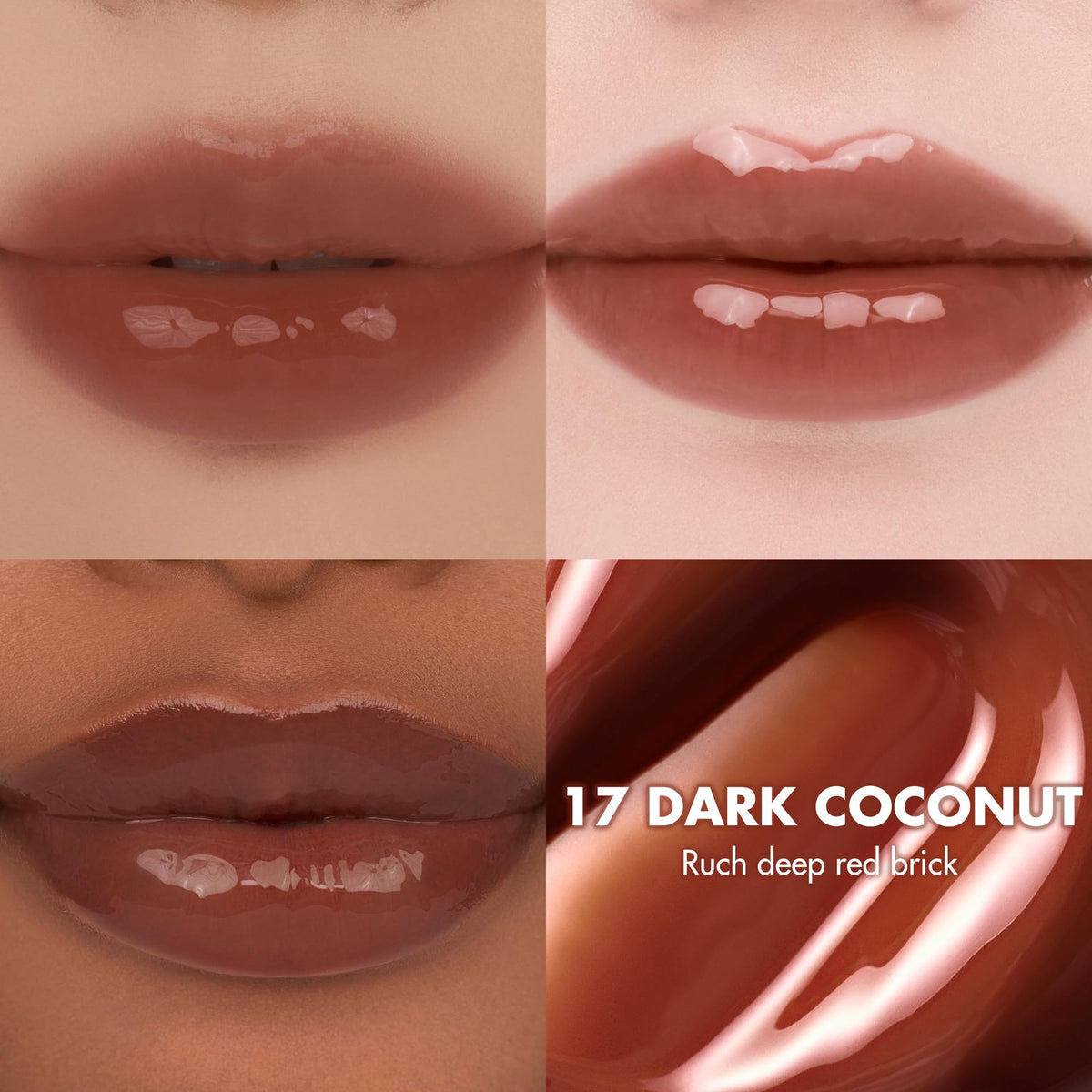 rom&nd Juicy Lasting Tint Dark Coconut swatch on skin showing rich color and shine.