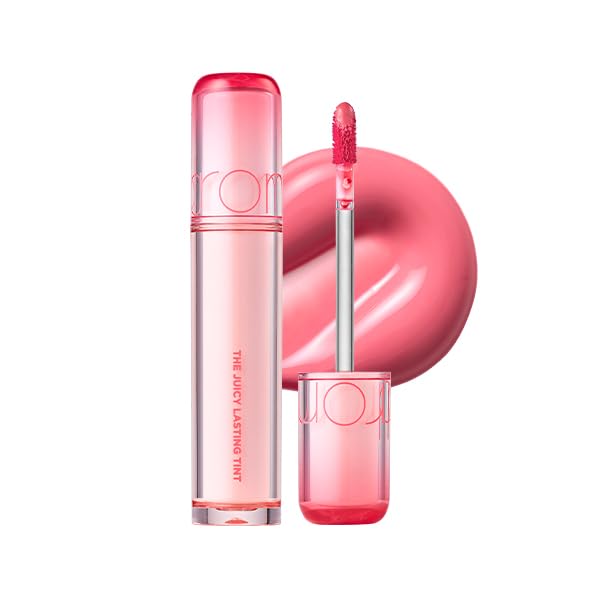rom&nd Juicy Lasting Tint Peach Peach Me swatch showing natural peach-coral color and glossy shine