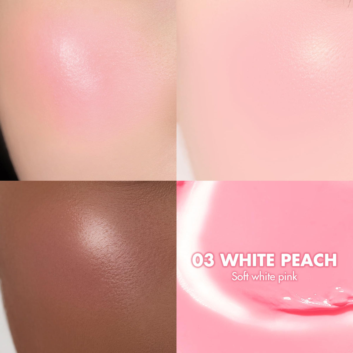 rom&nd JUICY ROLL CHEEK 03 White Peach hand-hold showcasing portable convenience.
