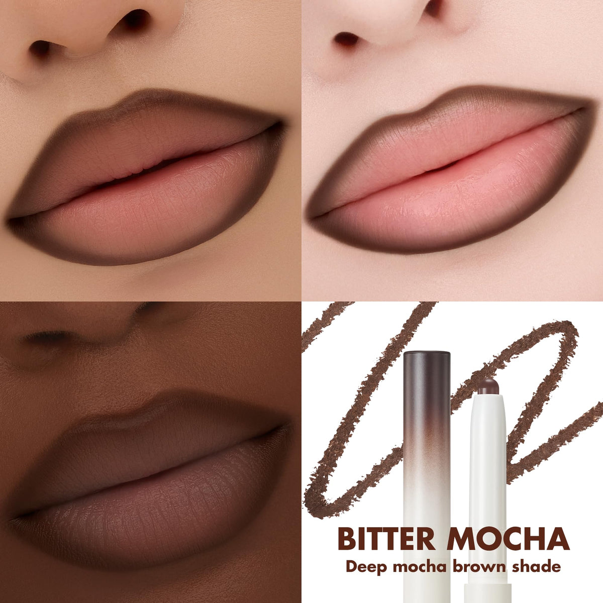 rom&nd Lip Mate Pencil 08 Bitter Mocha applied along lip line for clean definition