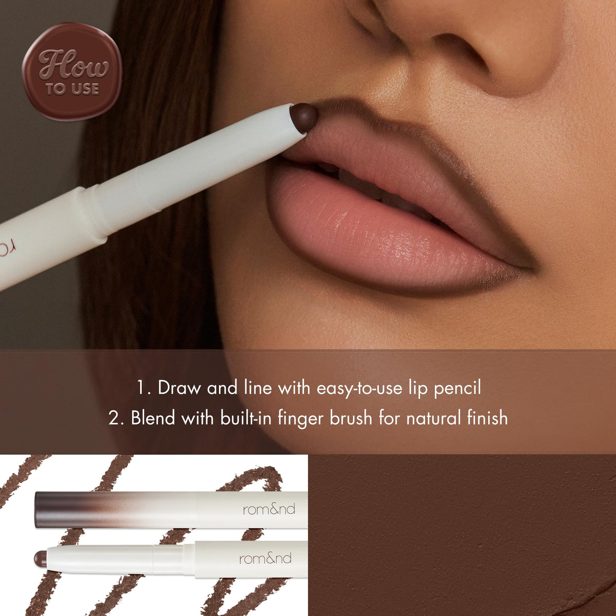 rom&nd Lip Mate Pencil Bitter Mocha swatch showing rich depth and versatility