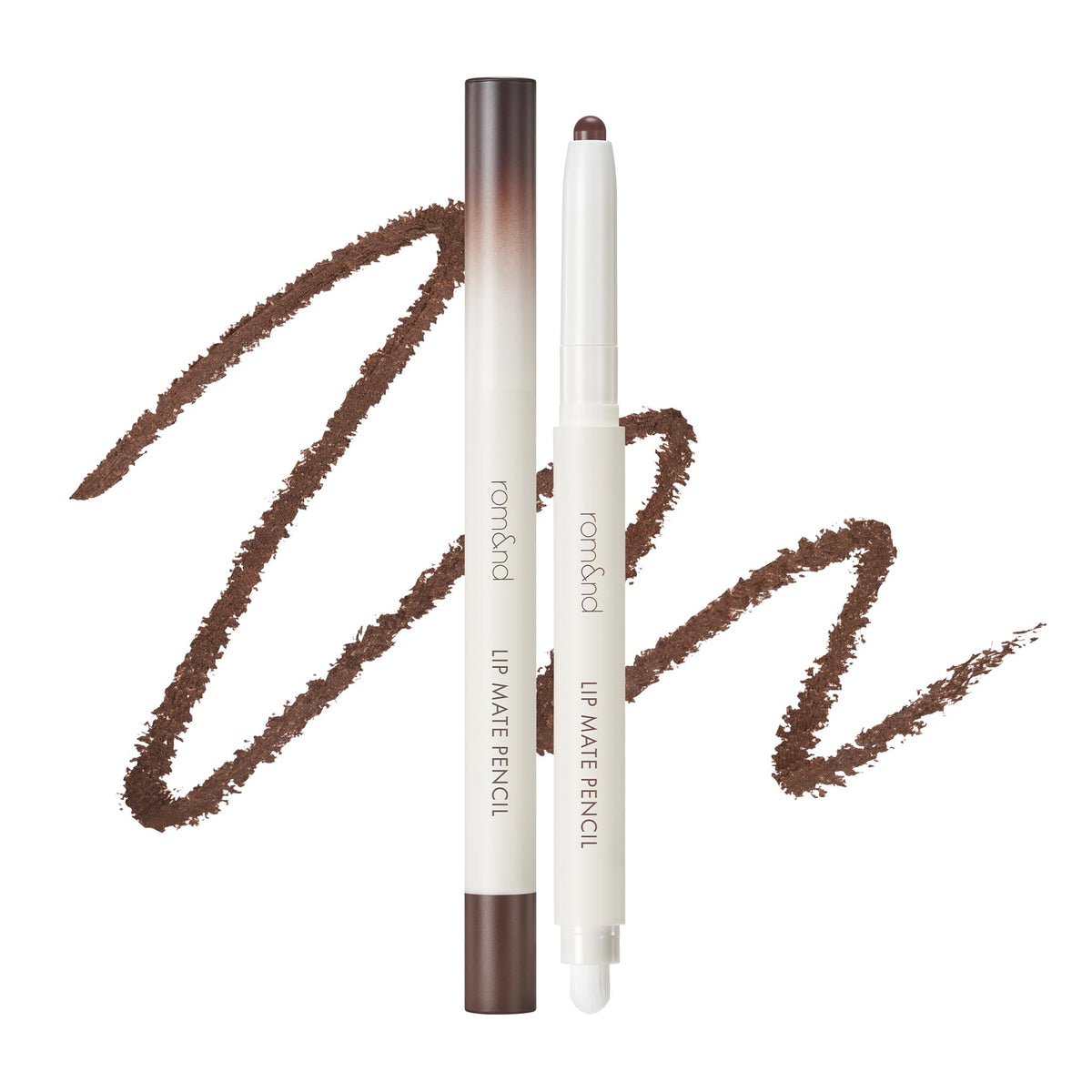 rom&nd Lip Mate Pencil 08 Bitter Mocha tip closeup shows precise contouring for natural overlining