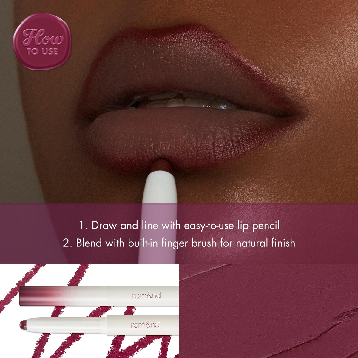 rom&nd Lip Mate Pencil 09 Plum Burgundy semi-matte finish delivers comfortable color.