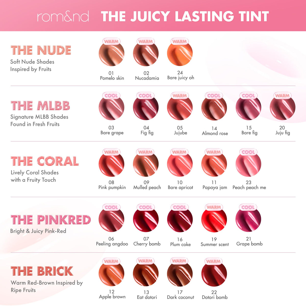 rom&nd The Juicy Lasting Tint autumnal red brick swatch on lips.