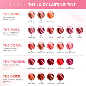 rom&nd The Juicy Lasting Tint autumnal red brick swatch on lips.