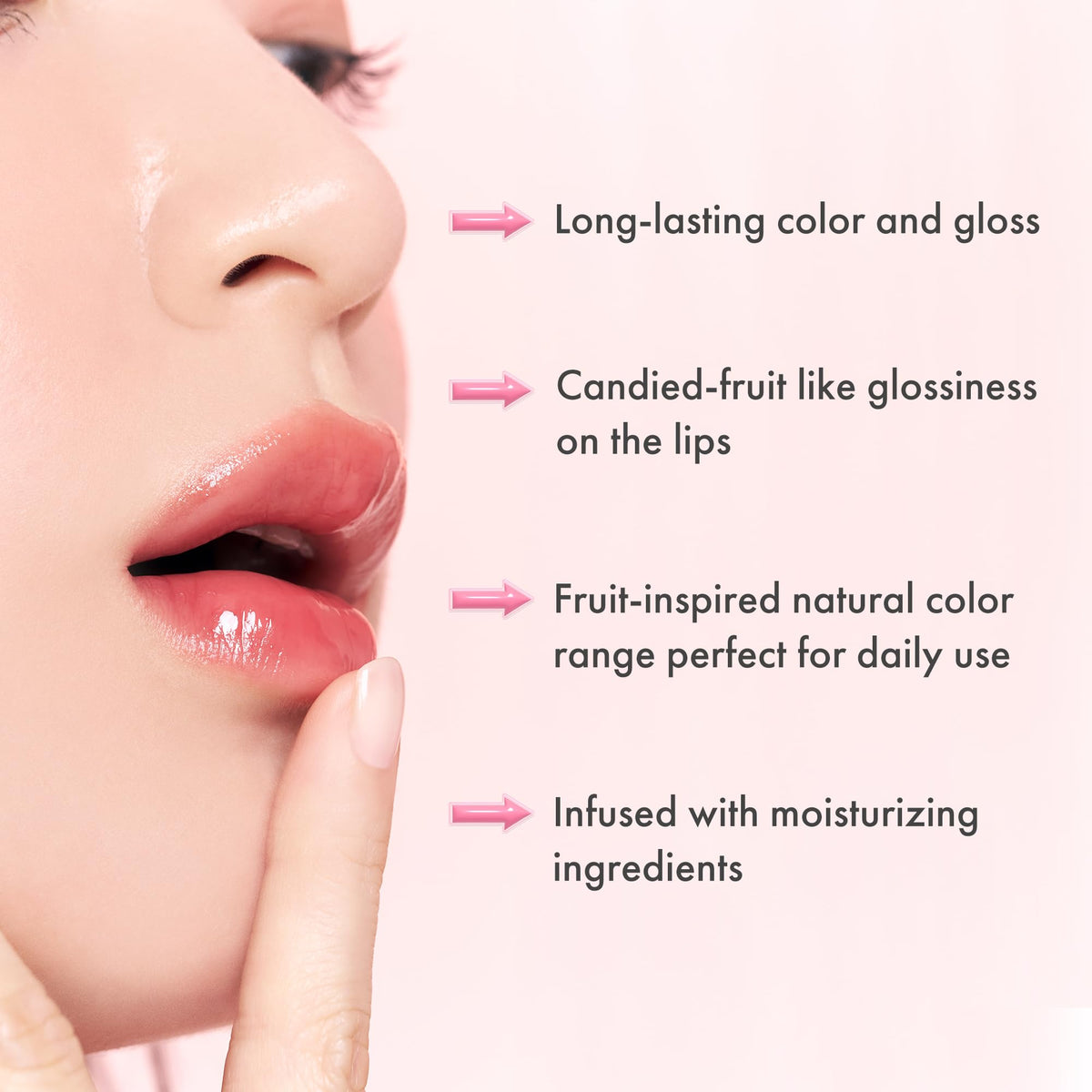 rom&nd The Juicy Lasting Tint glossy lip swatch displays radiant shine and tint.