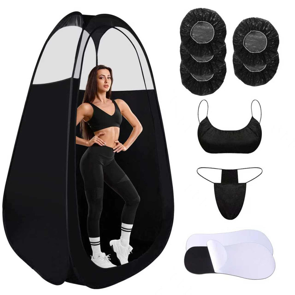 ROMSPRI Spray Tan Tent with open-top design for private, well-lit sessions.