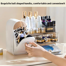 RONGZHIERK makeup organizer with drawer storage organizes cosmetics neatly on the dresser.